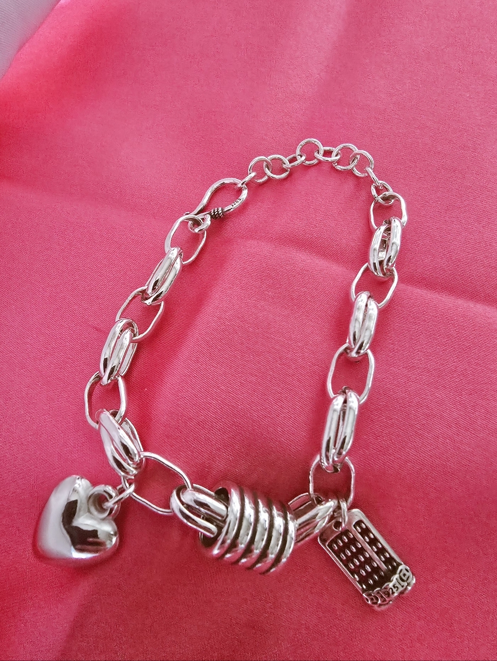 Bracelet - 925‎ Silver Heart & Charm Link - Women Jewelry